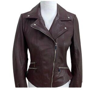 Karen Millen Size 6 Lamb Leather Signature Biker Jacket Purple Brown MSRP $639
